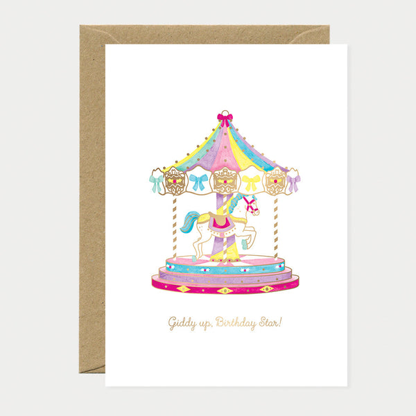 Greeting card with a colorful carousel illustration and 'Get ready, Birthday Girl!' text.