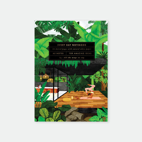 Notebook cover with tropical design and text on a white background