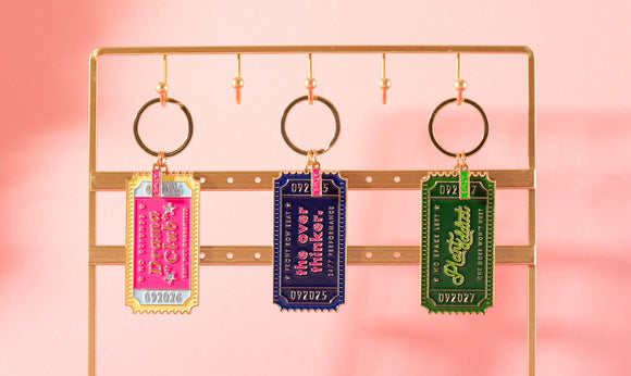 All the Ways to Say keychains – dachshund enamel keychain with pink glitter sweater and gold details