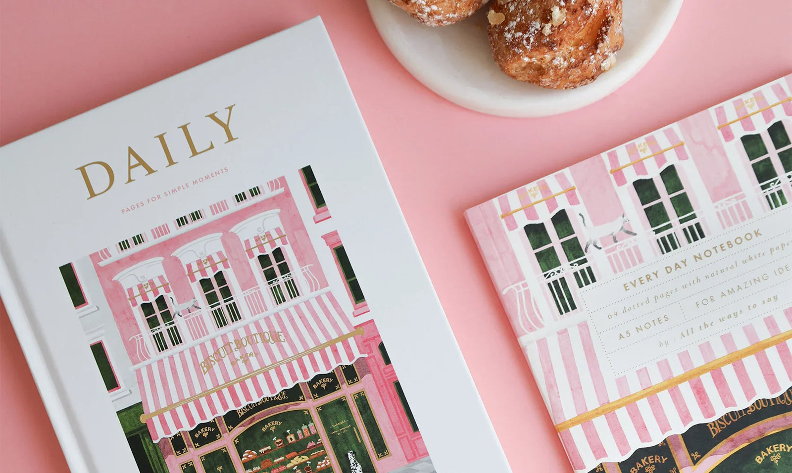All the Ways to Say notebooks – pink Biscuit Boutique illustrated journals on pastel background