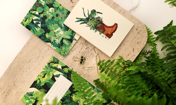 All the Ways to Say stationery – botanical notebooks with green plant illustrations and natural textures