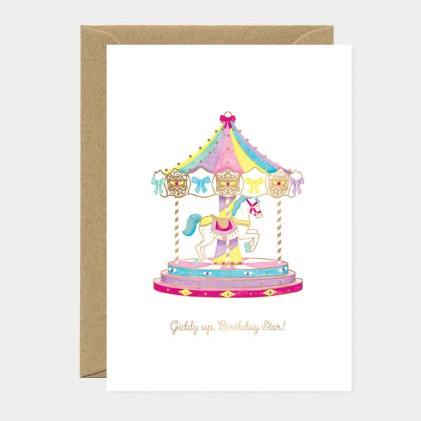 Greeting card with a colorful carousel illustration and 'Get ready, Birthday Girl!' text.
