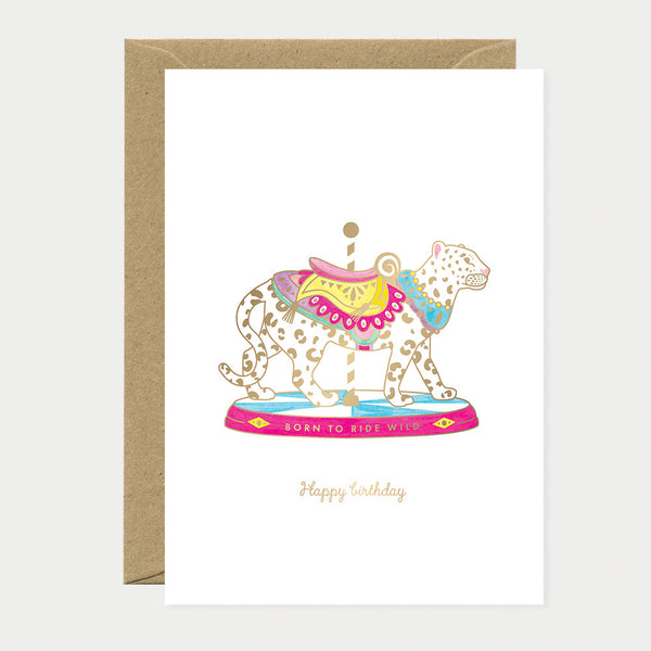 Greeting card with a colorful carousel leopard illustration and 'Happy Birthday' text.