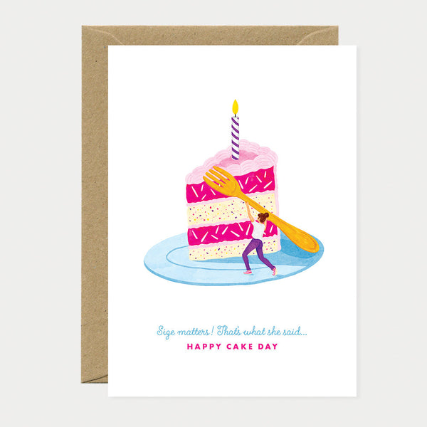 Greeting card with a giant slice of birthday cake topped with a candle, and a small character carrying an oversized fork.