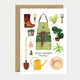 Greeting card with illustrations of gardening tools, apron, watering can, boots, gloves, and plants, arranged around the words "Happy Birthday Plant Hero".