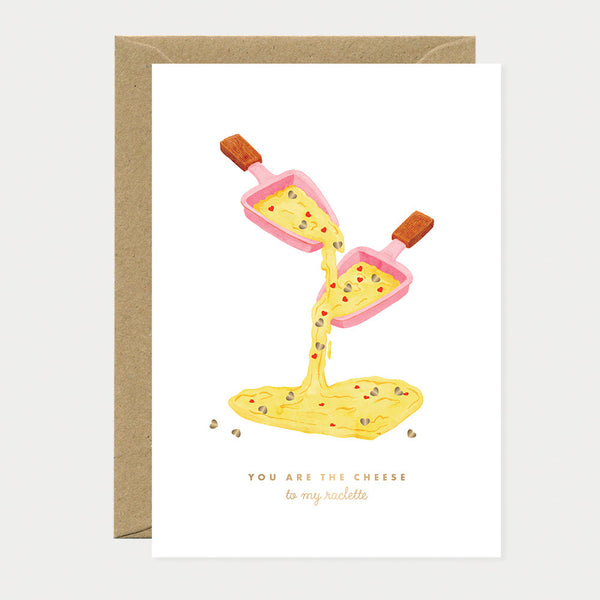 Card with illustration of a cheese fondue set and text 'You are the cheese to my raclette' on a white background.