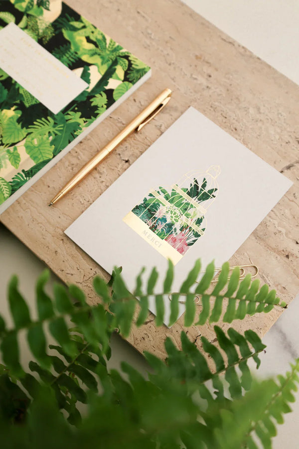 Merci greeting card Greenhouse by All the Ways to Say featuring botanical illustration in a greenhouse with gold foil. Illustrated thank you card with kraft envelope.