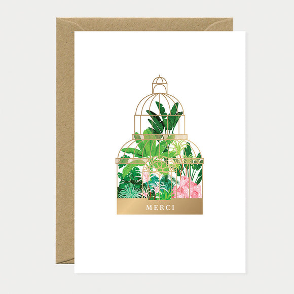 Greeting card with tropical plant design and 'MERCI' text on a white background