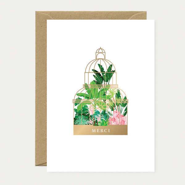 Greeting card with tropical plant design and 'MERCI' text on a white background