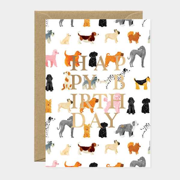 Greeting card with dog illustrations and 'Happy Birthday' text on a white background