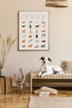 Dogue poster by All the Ways to Say displayed above a wooden bench with a white dog lying beneath
