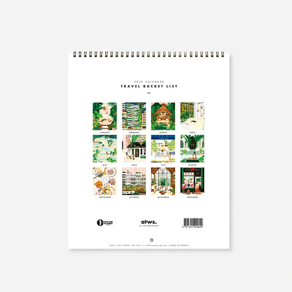 Back cover of Travel Bucket List 2026 wall calendar by All the Ways to Say showing 12 illustrated travel destinations for each month