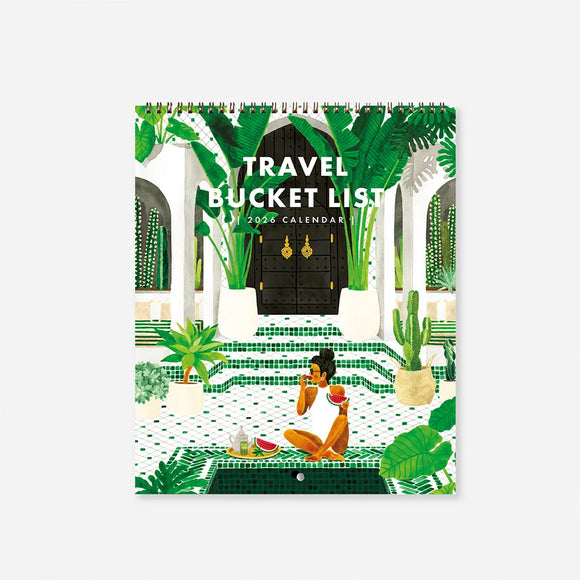 Travel Bucket List 2026 wall calendar by All the Ways to Say with tropical courtyard illustration and exotic plants