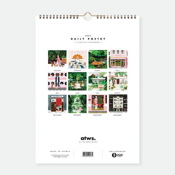 Daily Poetry 2026 wall calendar by All the Ways to Say with illustrated woman walking dogs in a city café scene