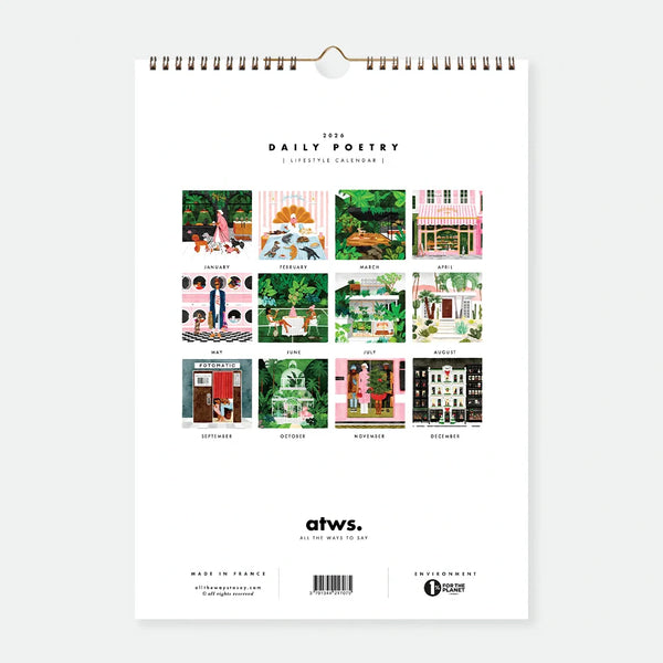 Daily Poetry 2026 wall calendar by All the Ways to Say with illustrated woman walking dogs in a city café scene