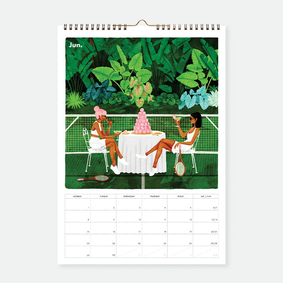 Inside page of Daily Poetry 2026 calendar by All the Ways to Say showing June month with tennis court tea party illustration