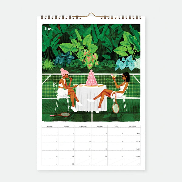 Inside page of Daily Poetry 2026 calendar by All the Ways to Say showing June month with tennis court tea party illustration