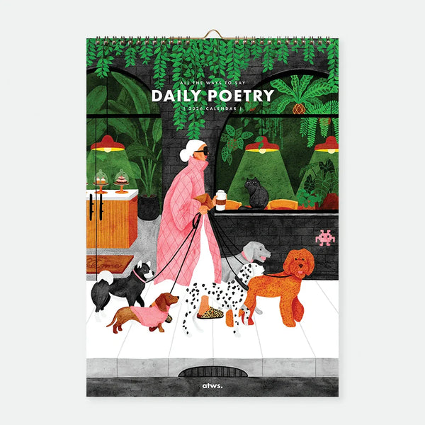 Back cover of Daily Poetry 2026 wall calendar by All the Ways to Say with 12 monthly illustrated lifestyle scenes