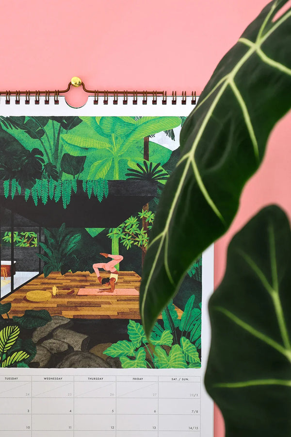 Detail of March page – woman doing yoga in lush green setting from Daily Poetry 2026 calendar
