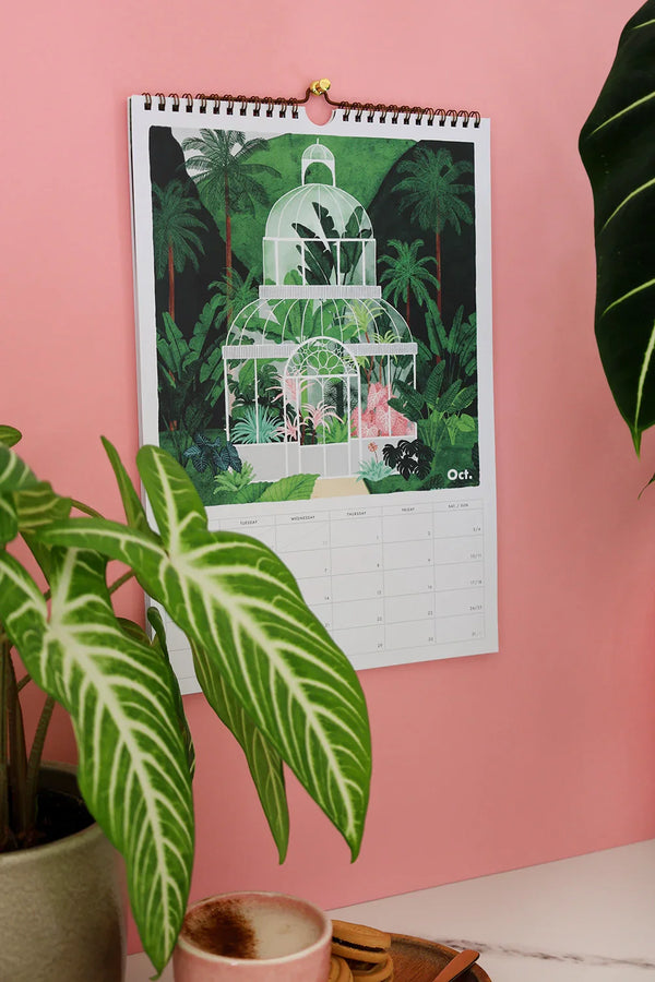 October page of Daily Poetry 2026 calendar – botanical greenhouse with tropical plants