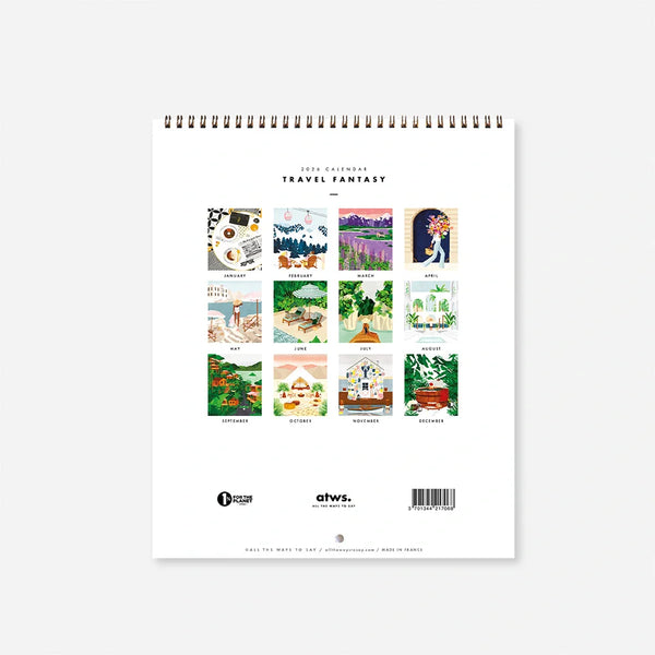Travel Clichés 2026 wall calendar by All the Ways to Say with illustrated woman in tropical atrium with large windows and plants