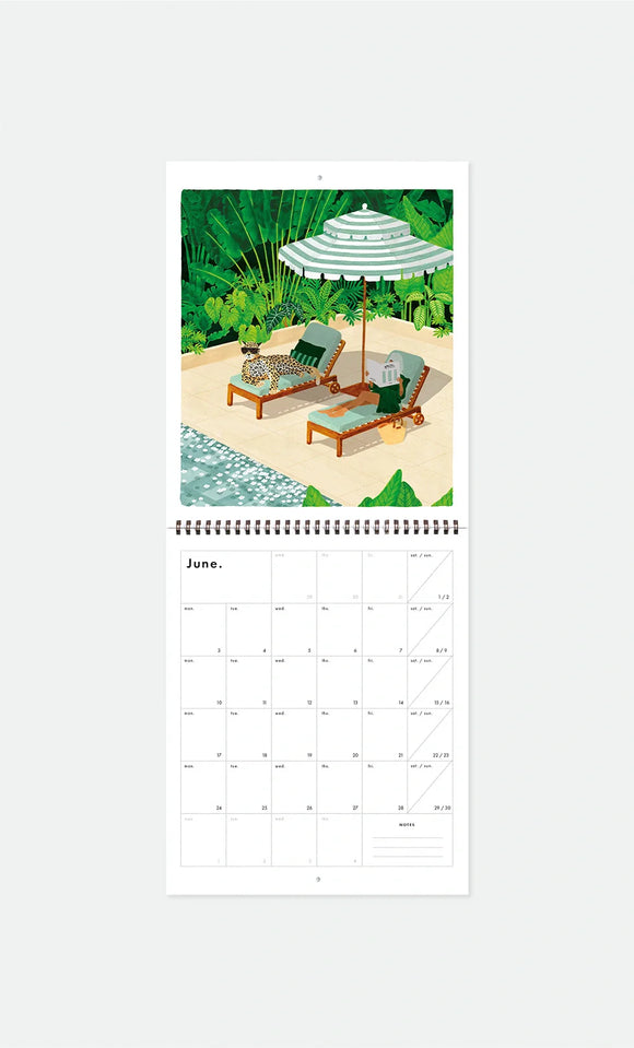 Inside page of Travel Clichés 2026 calendar by All the Ways to Say with June monthly planner and tropical poolside illustration