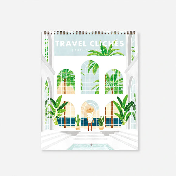 Back cover of Travel Clichés 2026 wall calendar by All the Ways to Say showing 12 illustrated travel scenes for each month