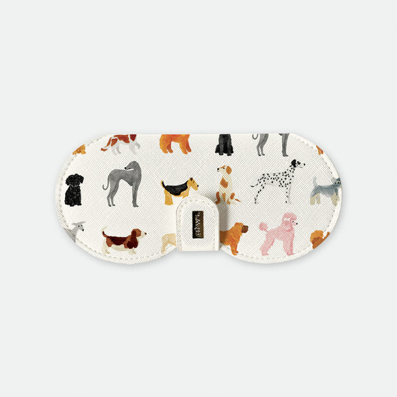 White glasses case with colorful dog illustrations, featuring breeds like Dalmatian, poodle, and terrier, shown on a plain background.