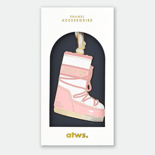 Snow Boot Christmas Ornament by All the Ways to Say hand painted enamel with gold plating pink and white après ski holiday decoration.