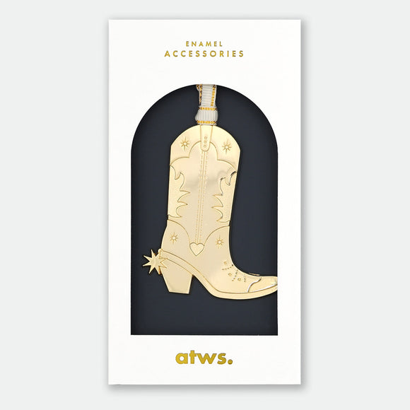 Gold Santiago Ornament by All the Ways to Say shaped like a golden cowboy boot, hand painted enamel Christmas decoration.