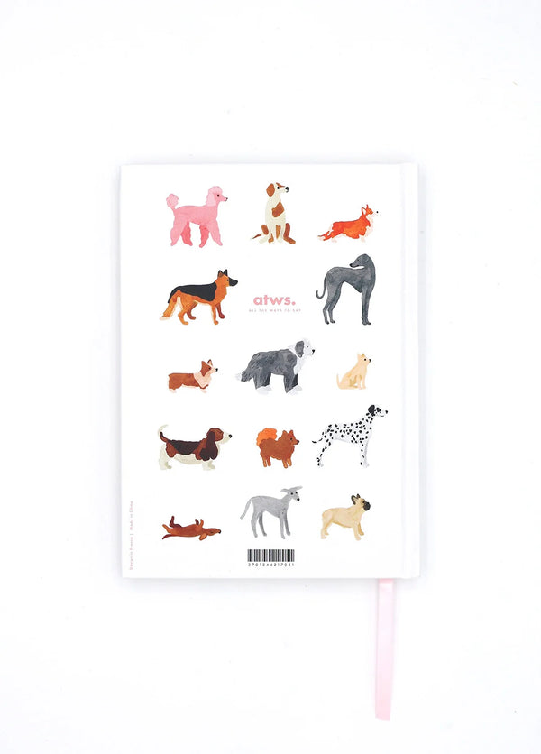 Back cover of Dogue notebook featuring illustrated dog breeds on white background with atws branding.