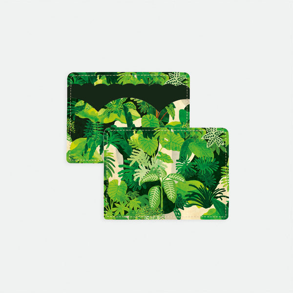 Green Cliff card holder with tropical foliage print in vibrant green tones on vegan leather, designed by All the Ways to Say.