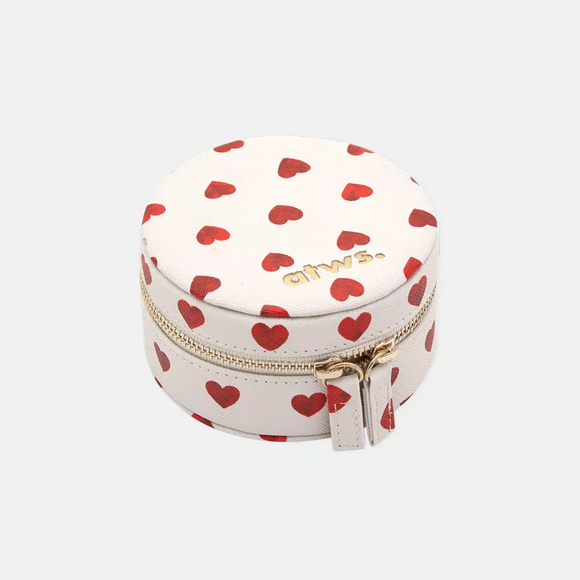 Heart Jewellery Box – round PU leather case with red heart pattern, cotton-lined interior, gold zipper, by All the Ways to Say.