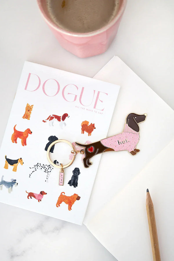 Hot Dachshund keychain by All The Ways To Say on DOGUE notebook with pink coffee cup