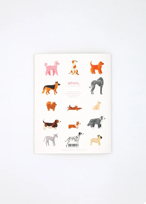 Back cover of Dogue monthly planner decorated with various dog illustrations and atws branding