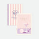 Set of two A6 pocket notebooks, one with pink and lilac stripes and tennis racket illustration, the other with cocktail glass and tennis ball design, gold foil details.