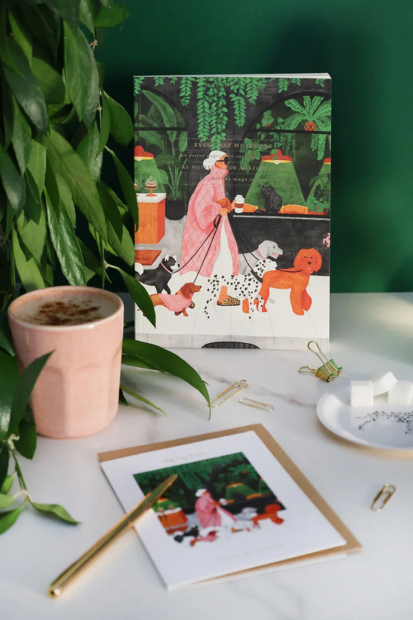 Dog Lover stationery set with notebook and card featuring illustrated dogs and woman walking them – All the Ways to Say.