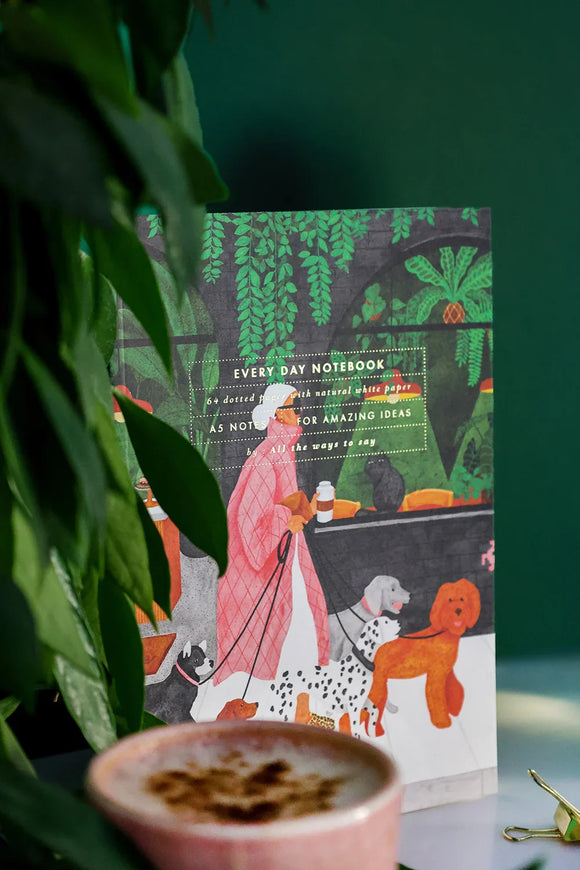 Everyday notebook with dog walker illustration surrounded by lush greenery and plants – All the Ways to Say stationery.