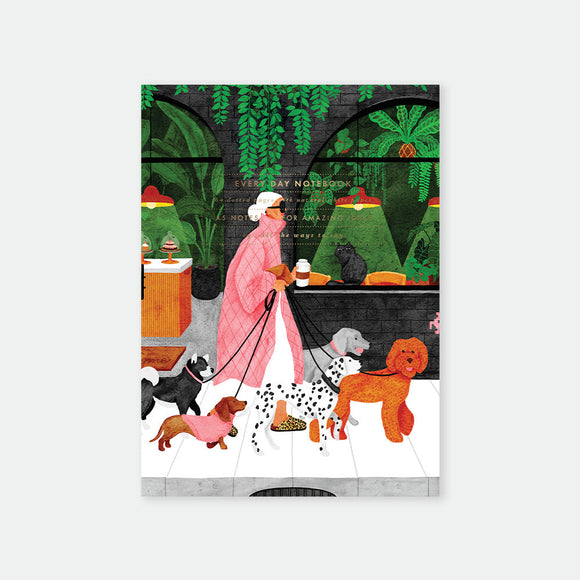 Illustration of a person walking dogs with a colorful background