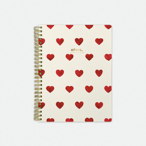 Heart Spiral Notebook – cream cover with red watercolor heart pattern, gold foil details, spiral binding, by All the Ways to Say.