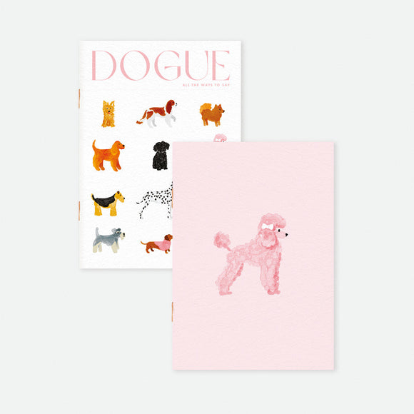 Set of two A6 pocket notebooks, one with “Dogue” cover featuring dog illustrations, the other with pink poodle design, gold foil details by All the Ways to Say.
