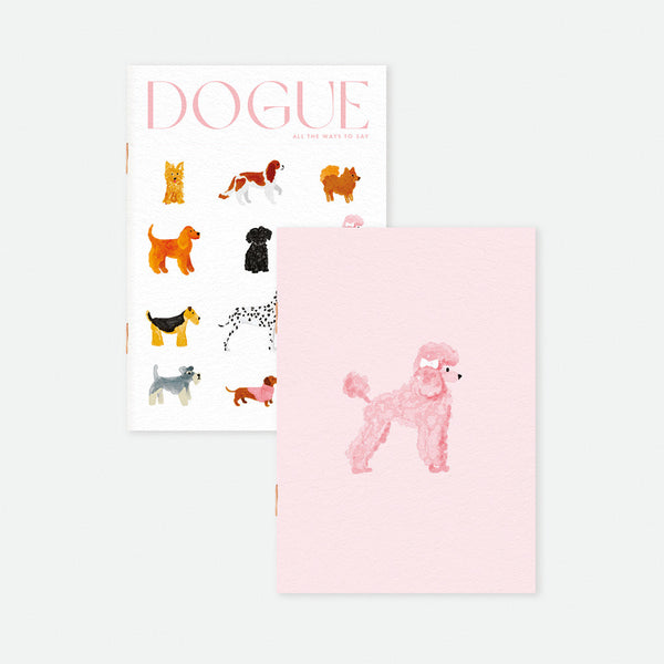 Set of two A6 pocket notebooks, one with “Dogue” cover featuring dog illustrations, the other with pink poodle design, gold foil details by All the Ways to Say.