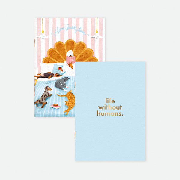 Set of two A6 pocket notebooks, one with pets lounging on a bed in a cozy room, the other with light blue cover and gold foil text “life without humans.”