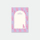 A notepad with a playful design featuring a stinky cat on a purple background with pink dots and a pattern of cats around the edges.