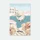 White Whale enamel pin by All the Ways to Say featuring pearly white whale with gold-plated details on illustrated seaside background with umbrellas.