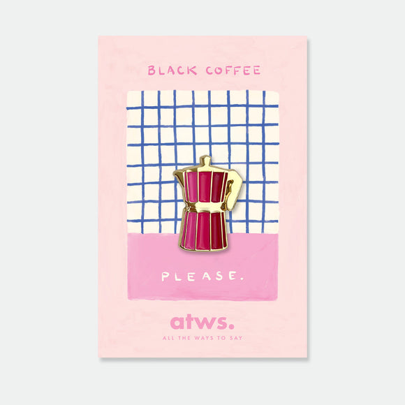 Pink Coffee enamel pin by All the Ways to Say featuring pink Italian coffee maker with gold-plated details on pink and blue checkered background.