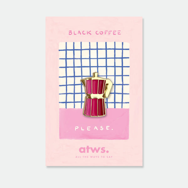 Pink Coffee enamel pin by All the Ways to Say featuring pink Italian coffee maker with gold-plated details on pink and blue checkered background.