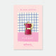 Pink Coffee enamel pin by All the Ways to Say featuring pink Italian coffee maker with gold-plated details on pink and blue checkered background.
