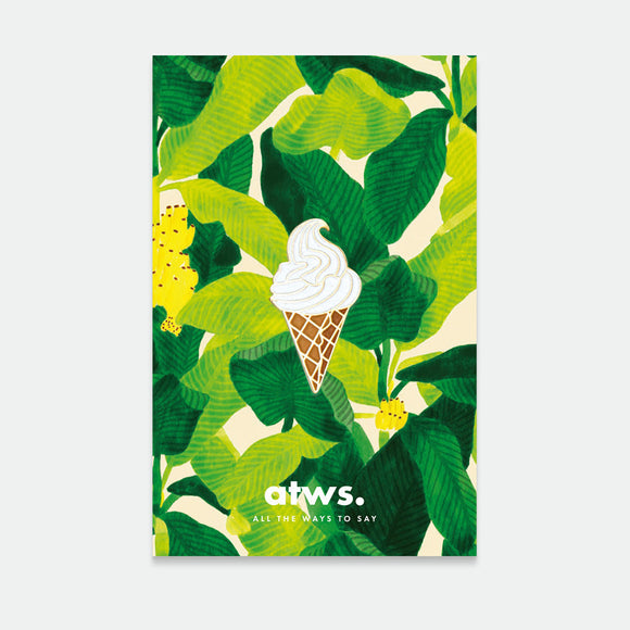 A pack of two enamel pins with a gold plating, featuring an ice cream cone design on a card with green leafy background and the brand 'atws.' displayed.