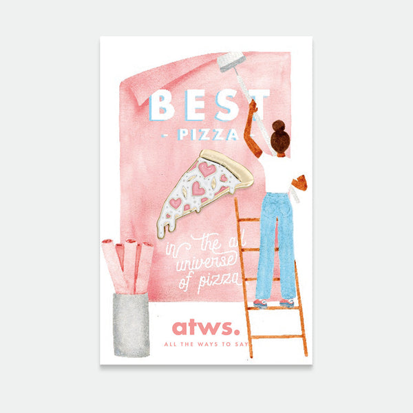 A graphic design showing a character drawing a pizza slice with the text 'BEST' above it, set against a pink background. The logo 'atws' is visible.